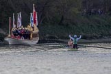 The Boat Race season 2017 -  The Cancer Research Women's Boat Race: Cambridge has won the Women's Boat Race, with jubilant cox Matthew Holland. On the left the Royal Barge Gloriana.
River Thames between Putney Bridge and Mortlake,
London SW15,

United Kingdom,
on 02 April 2017 at 16:54, image #180