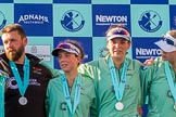 The Boat Race season 2017 -  The Cancer Research Women's Boat Race: CUWBC with their medals at the price giving ceremony, here head coach Rob Barker, 2 seat Imogen Grant,.
River Thames between Putney Bridge and Mortlake,
London SW15,

United Kingdom,
on 02 April 2017 at 17:12, image #243