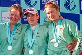 The Boat Race season 2017 -  The Cancer Research Women's Boat Race: CUWBC at the price giving - stroke Melissa Wilson, and cox Matthew Holland, and 4 seat Anna Dawson.
River Thames between Putney Bridge and Mortlake,
London SW15,

United Kingdom,
on 02 April 2017 at 17:12, image #246
