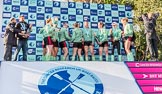 The Boat Race season 2017 -  The Cancer Research Women's Boat Race: CUWBC about to spray the Champagne at the price giving.
River Thames between Putney Bridge and Mortlake,
London SW15,

United Kingdom,
on 02 April 2017 at 17:13, image #255