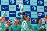 The Boat Race season 2017 -  The Cancer Research Women's Boat Race: CUWBC after the Chanpange spraying at the price giving, with the Women's Boat Race trophy. Ashton Brown, Imogen Grant, Alice White, Claire Lambe, and on the right Melissa Wilson and Anna Dawson.
River Thames between Putney Bridge and Mortlake,
London SW15,

United Kingdom,
on 02 April 2017 at 17:13, image #291