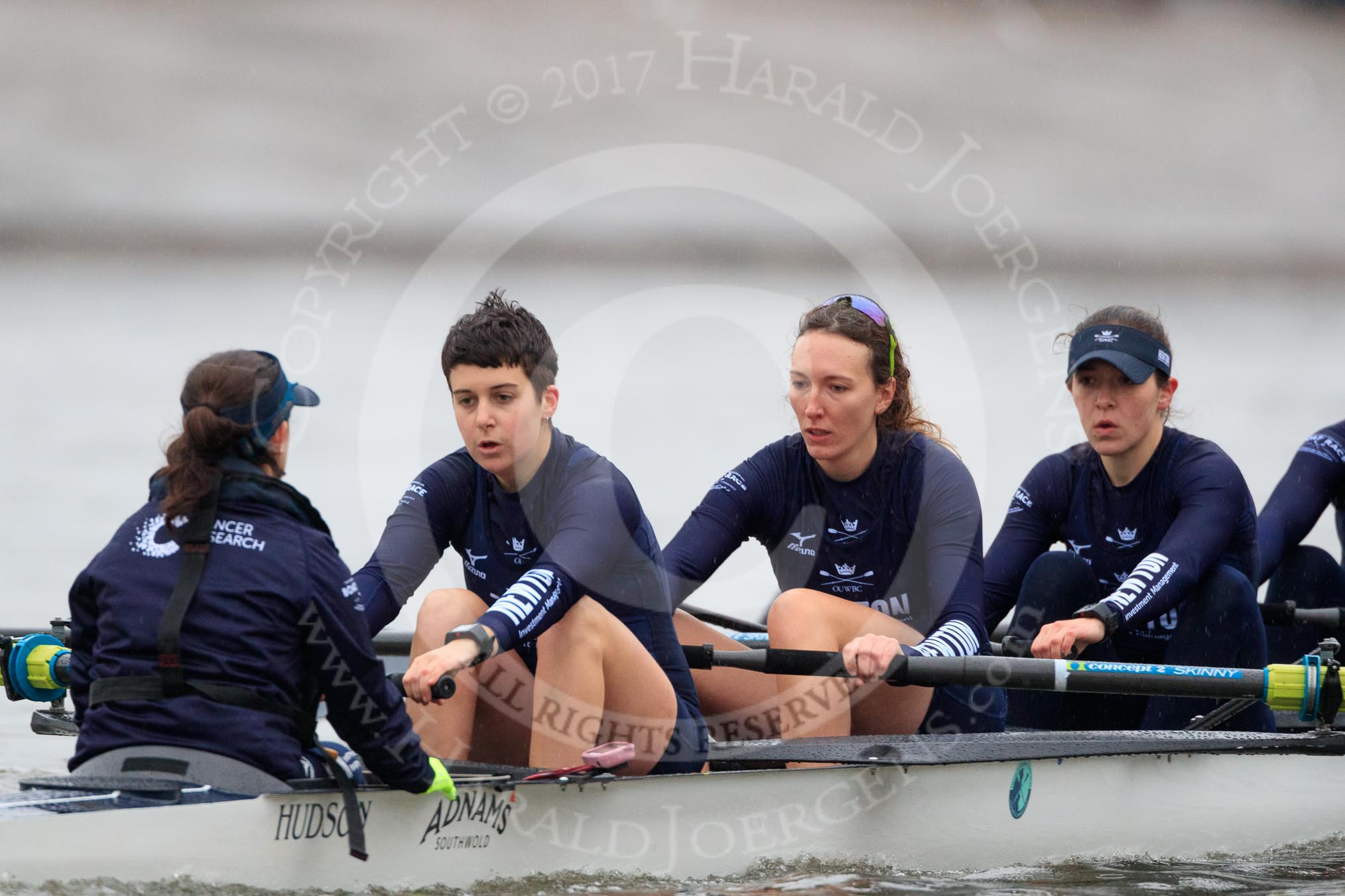 The Boat Race season 2018 - Women's Boat Race Trial Eights (OUWBC, Oxford): "Great Typhoon" seconds after the race has been started - cox Jessica Buck, stroke Alice Roberts,  7 Abigail Killen, 6 Sara Kushma, 5 Olivia Pryer.
River Thames between Putney Bridge and Mortlake,
London SW15,

United Kingdom,
on 21 January 2018 at 14:28, image #58