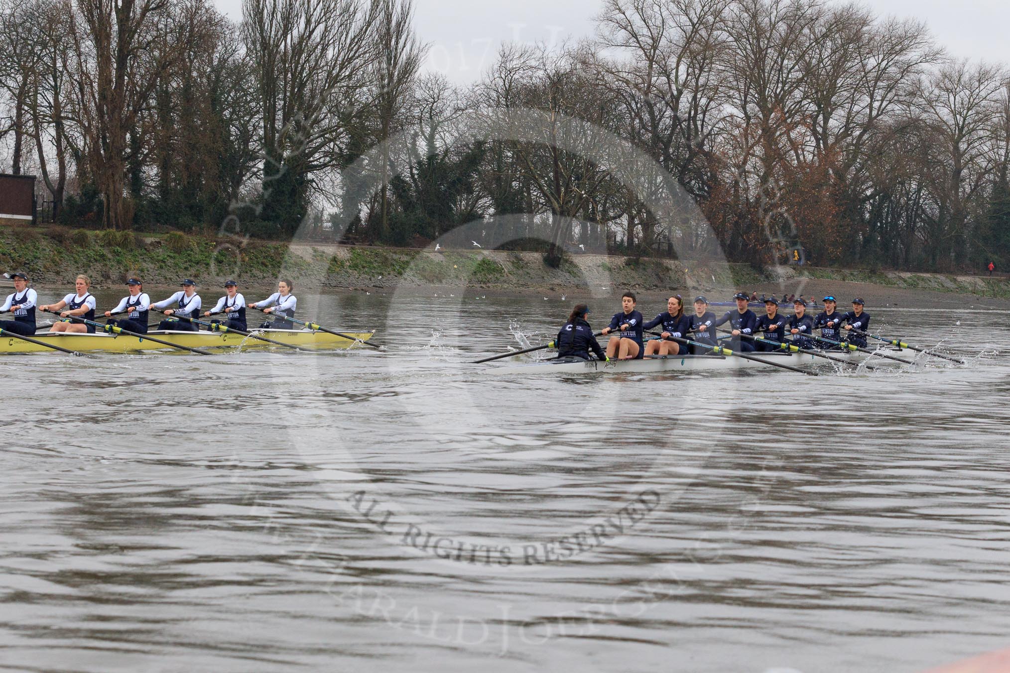 The Boat Race season 2018 - Women's Boat Race Trial Eights (OUWBC, Oxford): "Coursing River" and "Great Typhoon" after passing the boat houses on Putney Embankment.
River Thames between Putney Bridge and Mortlake,
London SW15,

United Kingdom,
on 21 January 2018 at 14:30, image #75