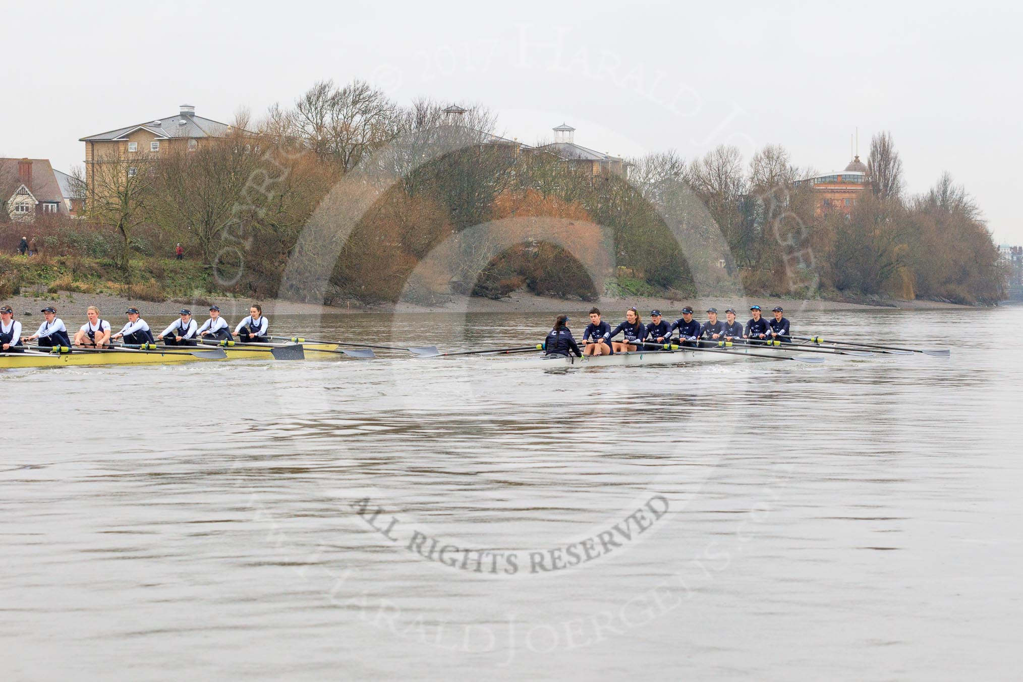 The Boat Race season 2018 - Women's Boat Race Trial Eights (OUWBC, Oxford): "Coursing River" and "Great Typhoon" after passing the Mile Post.
River Thames between Putney Bridge and Mortlake,
London SW15,

United Kingdom,
on 21 January 2018 at 14:32, image #84
