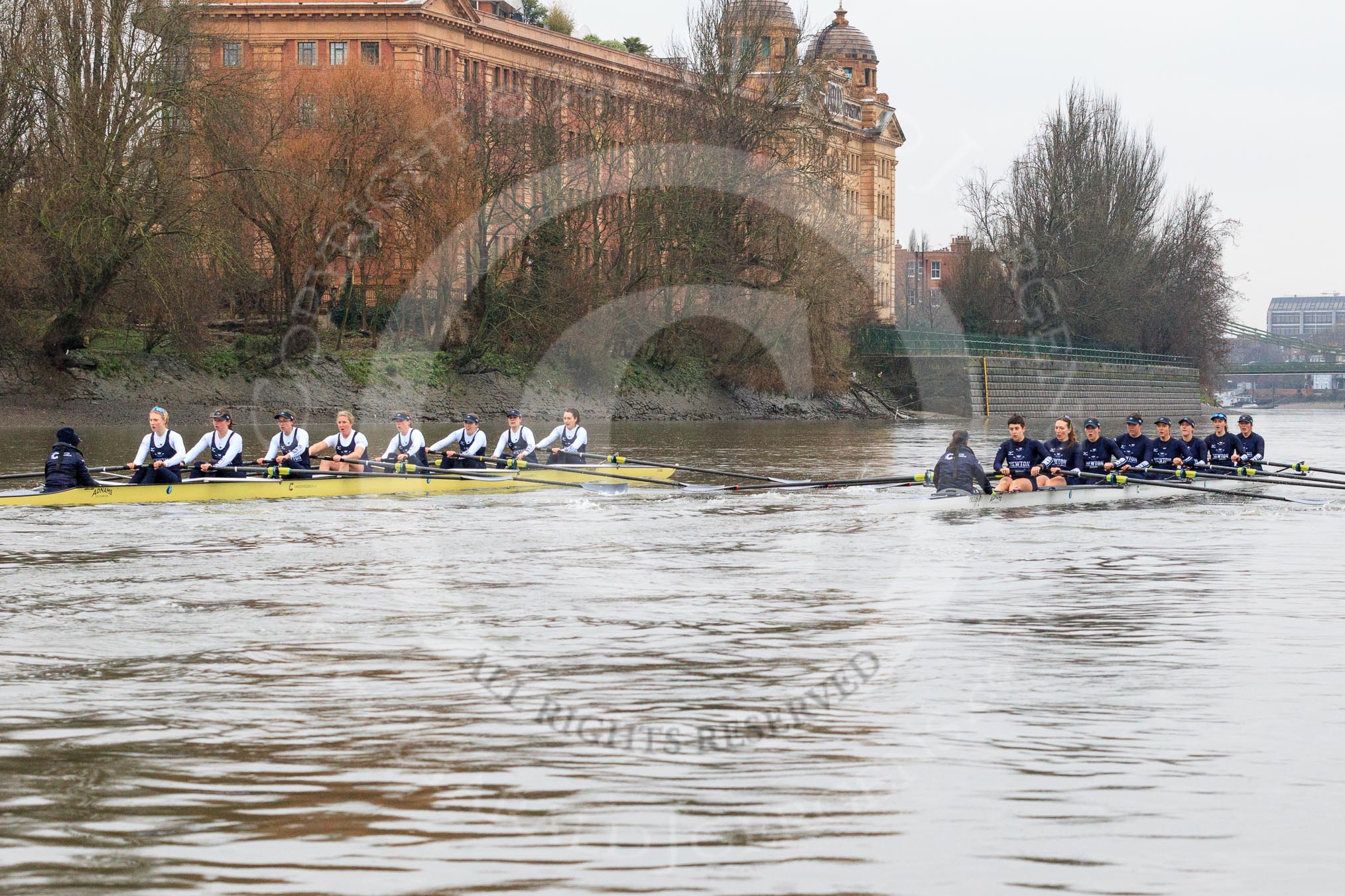 The Boat Race season 2018 - Women's Boat Race Trial Eights (OUWBC, Oxford): "Coursing River" and "Great Typhoon" near the Harrods Depository.
River Thames between Putney Bridge and Mortlake,
London SW15,

United Kingdom,
on 21 January 2018 at 14:33, image #85