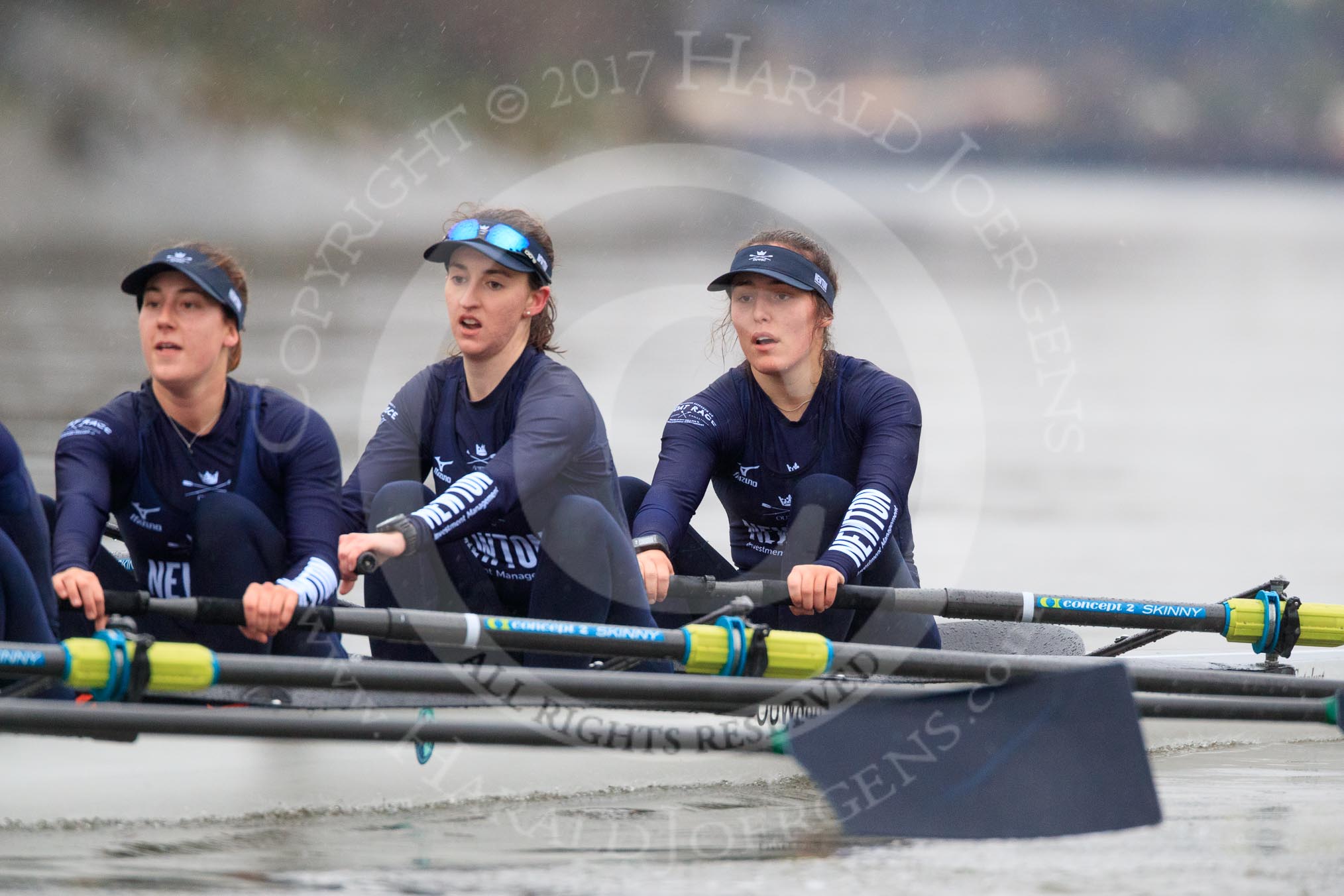 The Boat Race season 2018 - Women's Boat Race Trial Eights (OUWBC, Oxford): "Great Typhoon" near the Mile Post - 3 Madeline Goss, 2 Laura Depner, bow Matilda Edwards.
River Thames between Putney Bridge and Mortlake,
London SW15,

United Kingdom,
on 21 January 2018 at 14:33, image #87