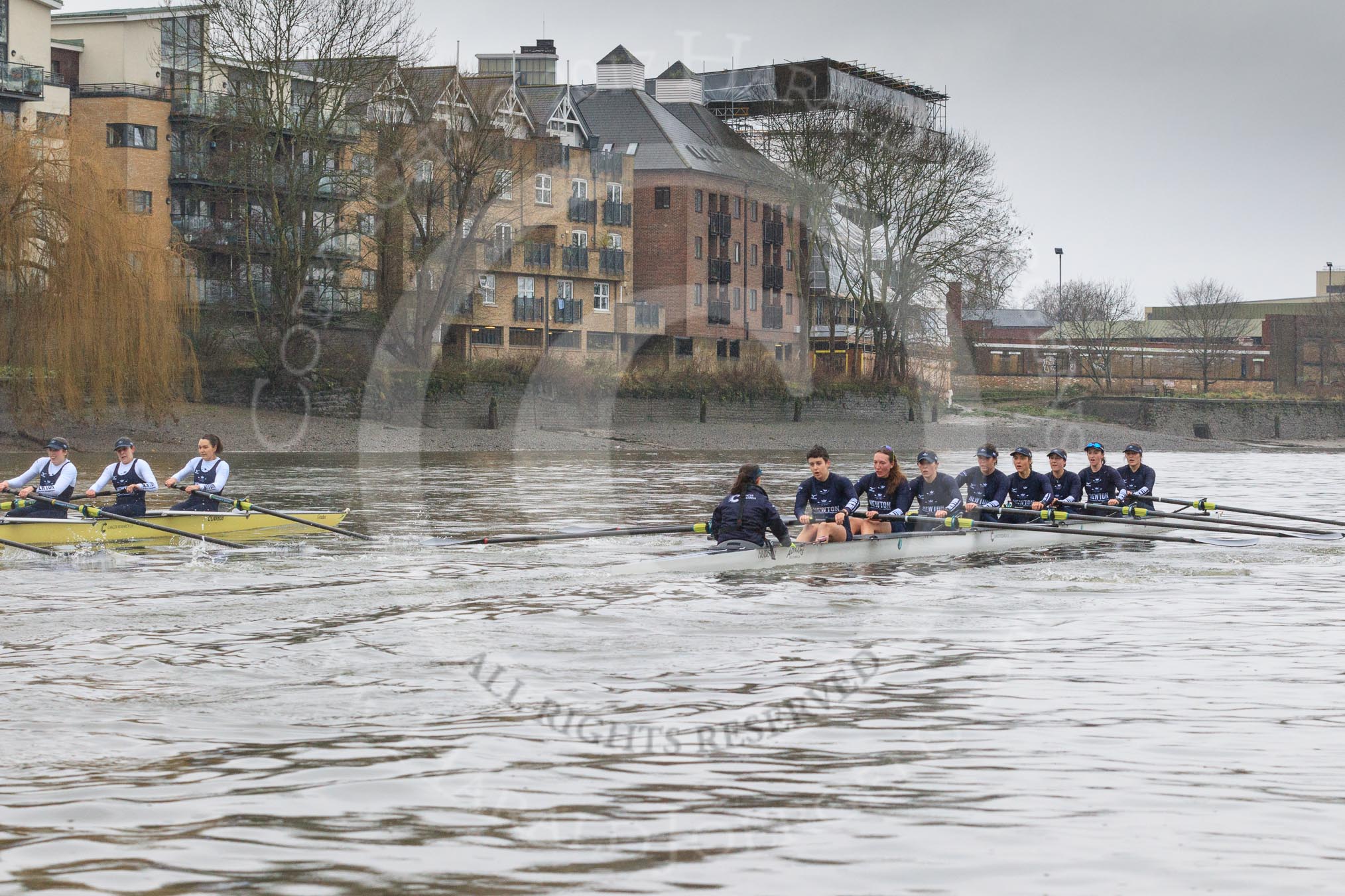 The Boat Race season 2018 - Women's Boat Race Trial Eights (OUWBC, Oxford): "Great Typhoon" and "Coursing River" a few hundred yards away from the finish line.
River Thames between Putney Bridge and Mortlake,
London SW15,

United Kingdom,
on 21 January 2018 at 14:45, image #162