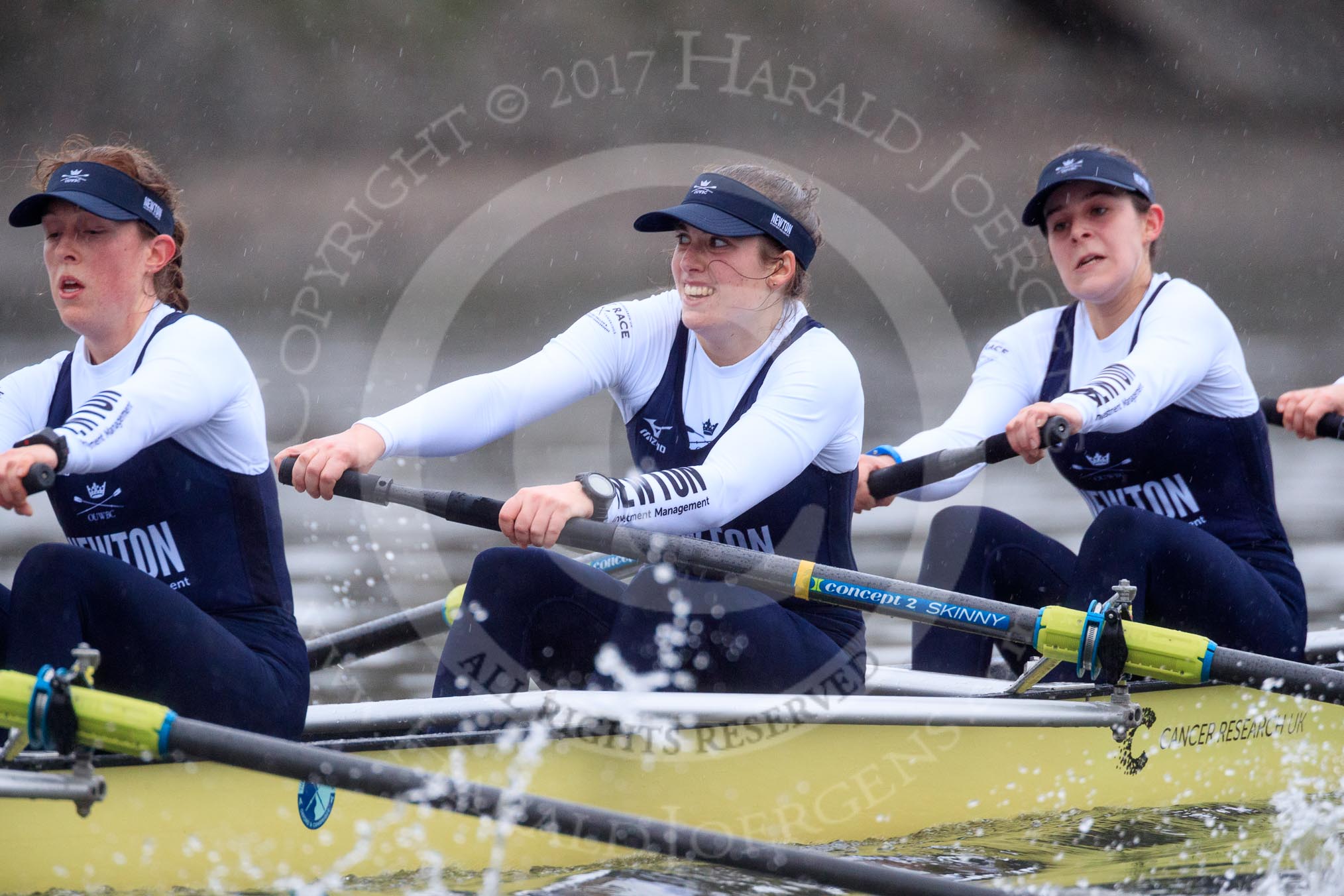 The Boat Race season 2018 - Women's Boat Race Trial Eights (OUWBC, Oxford): "Coursing River" - 4 Anna Murgatroyd, 3 Stefanie Zekoll, 2 Rachel Anderson.
River Thames between Putney Bridge and Mortlake,
London SW15,

United Kingdom,
on 21 January 2018 at 14:46, image #166