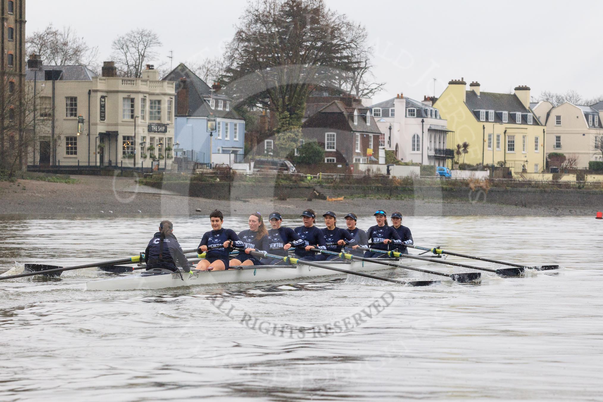 The Boat Race season 2018 - Women's Boat Race Trial Eights (OUWBC, Oxford): "Great Typhoon" is now leading the race, with th efinish line in sight. cox Jessica Buck, stroke Alice Roberts,  7 Abigail Killen, 6 Sara Kushma, 5 Olivia Pryer, 4 Linda Van Bijsterveldt, 3 Madeline Goss, 2 Laura Depner, bow Matilda Edwards.
River Thames between Putney Bridge and Mortlake,
London SW15,

United Kingdom,
on 21 January 2018 at 14:46, image #167