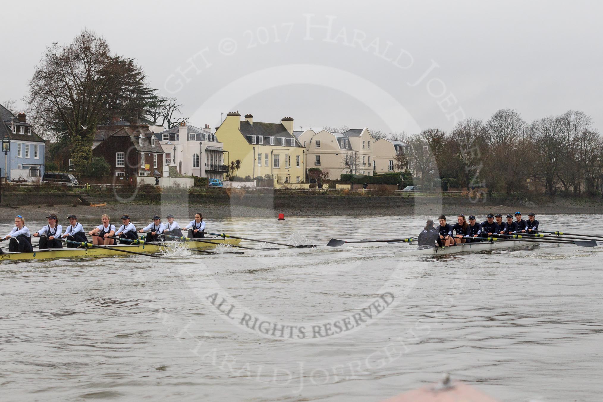 The Boat Race season 2018 - Women's Boat Race Trial Eights (OUWBC, Oxford): "Great Typhoon" and "Coursing River" close to the finish line.
River Thames between Putney Bridge and Mortlake,
London SW15,

United Kingdom,
on 21 January 2018 at 14:46, image #169