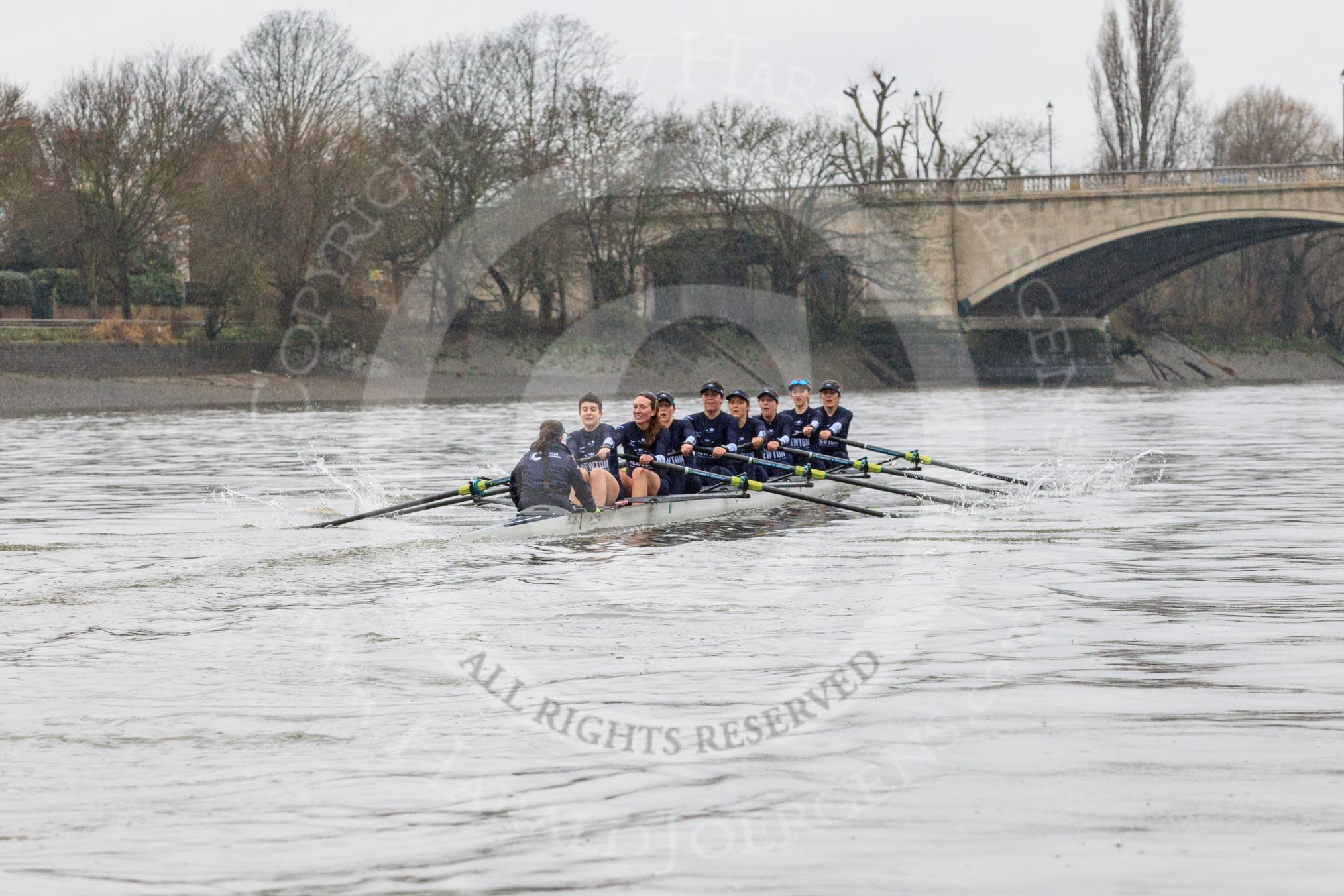 The Boat Race season 2018 - Women's Boat Race Trial Eights (OUWBC, Oxford): "Great Typhoon" about to cross the finish line, here cox Jessica Buck, stroke Alice Roberts,  7 Abigail Killen, 6 Sara Kushma, 5 Olivia Pryer, 4 Linda Van Bijsterveldt, 3 Madeline Goss, 2 Laura Depner, bow Matilda Edwards.
River Thames between Putney Bridge and Mortlake,
London SW15,

United Kingdom,
on 21 January 2018 at 14:46, image #170