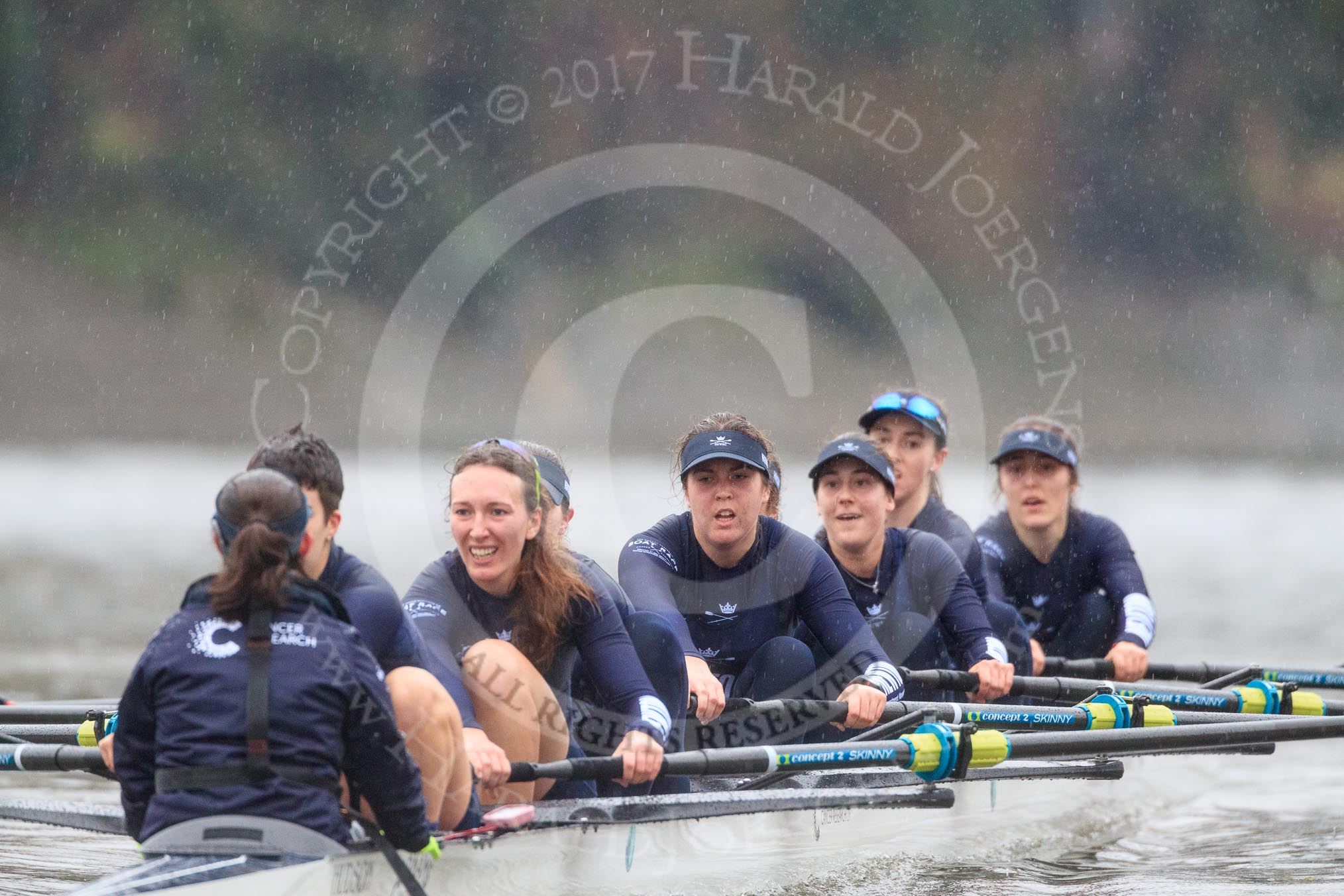 The Boat Race season 2018 - Women's Boat Race Trial Eights (OUWBC, Oxford): "Great Typhoon" about to cross the finish line, here cox Jessica Buck, stroke Alice Roberts,  7 Abigail Killen, 6 Sara Kushma, 5 Olivia Pryer, 4 Linda Van Bijsterveldt, 3 Madeline Goss.
River Thames between Putney Bridge and Mortlake,
London SW15,

United Kingdom,
on 21 January 2018 at 14:47, image #174