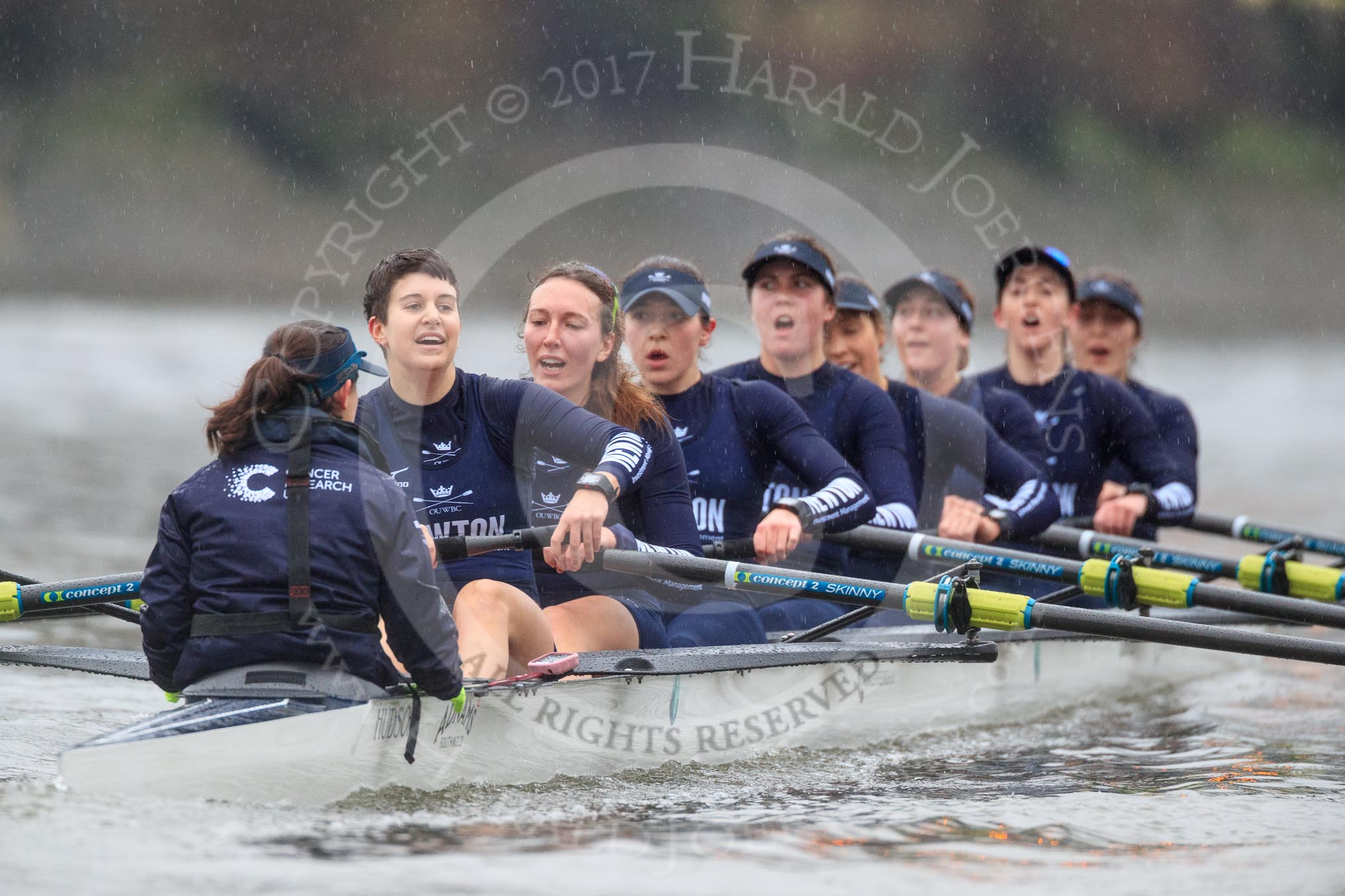 The Boat Race season 2018 - Women's Boat Race Trial Eights (OUWBC, Oxford): "Great Typhoon" after the race, here cox Jessica Buck, stroke Alice Roberts,  7 Abigail Killen, 6 Sara Kushma, 5 Olivia Pryer, 4 Linda Van Bijsterveldt, 3 Madeline Goss, 2 Laura Depner, bow Matilda Edwards.
River Thames between Putney Bridge and Mortlake,
London SW15,

United Kingdom,
on 21 January 2018 at 14:47, image #175