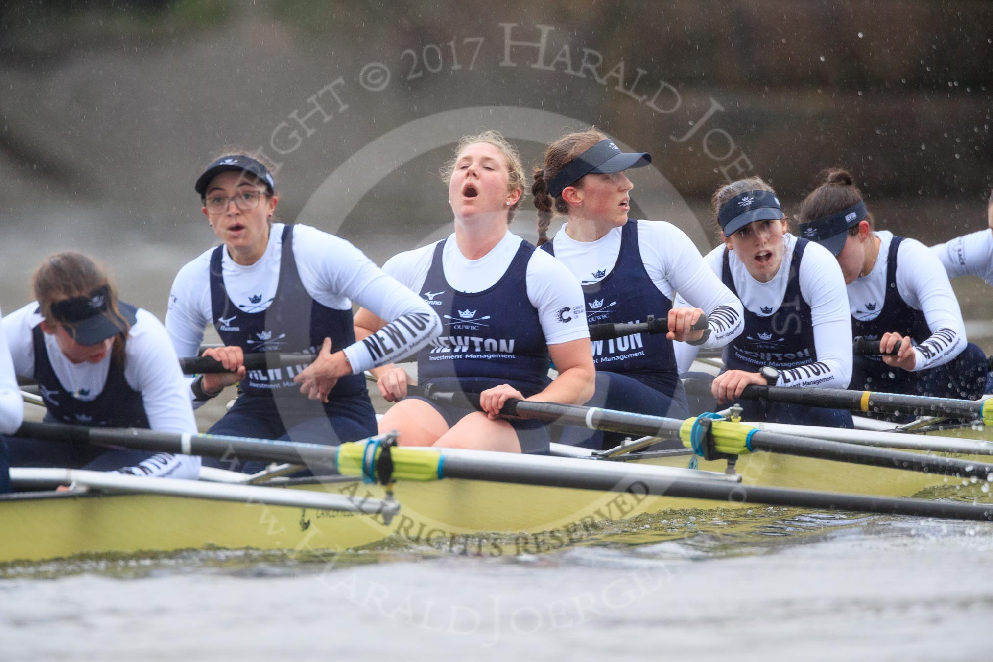 The Boat Race season 2018 - Women's Boat Race Trial Eights (OUWBC, Oxford): "Coursing River" after the race, here 7 Juliette Perry, 6 Katherine Erickson, 5 Morgan McGovern, 4 Anna Murgatroyd, 3 Stefanie Zekoll, 2 Rachel Anderson.
River Thames between Putney Bridge and Mortlake,
London SW15,

United Kingdom,
on 21 January 2018 at 14:47, image #177