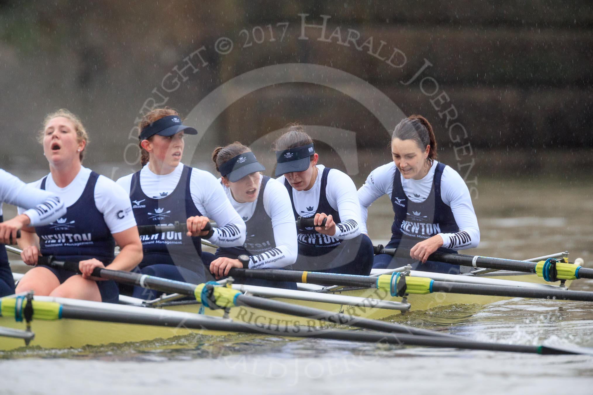 The Boat Race season 2018 - Women's Boat Race Trial Eights (OUWBC, Oxford): "Coursing River" after the race, here 5 Morgan McGovern, 4 Anna Murgatroyd, 3 Stefanie Zekoll, 2 Rachel Anderson, bow Sarah Payne-Riches.
River Thames between Putney Bridge and Mortlake,
London SW15,

United Kingdom,
on 21 January 2018 at 14:47, image #176
