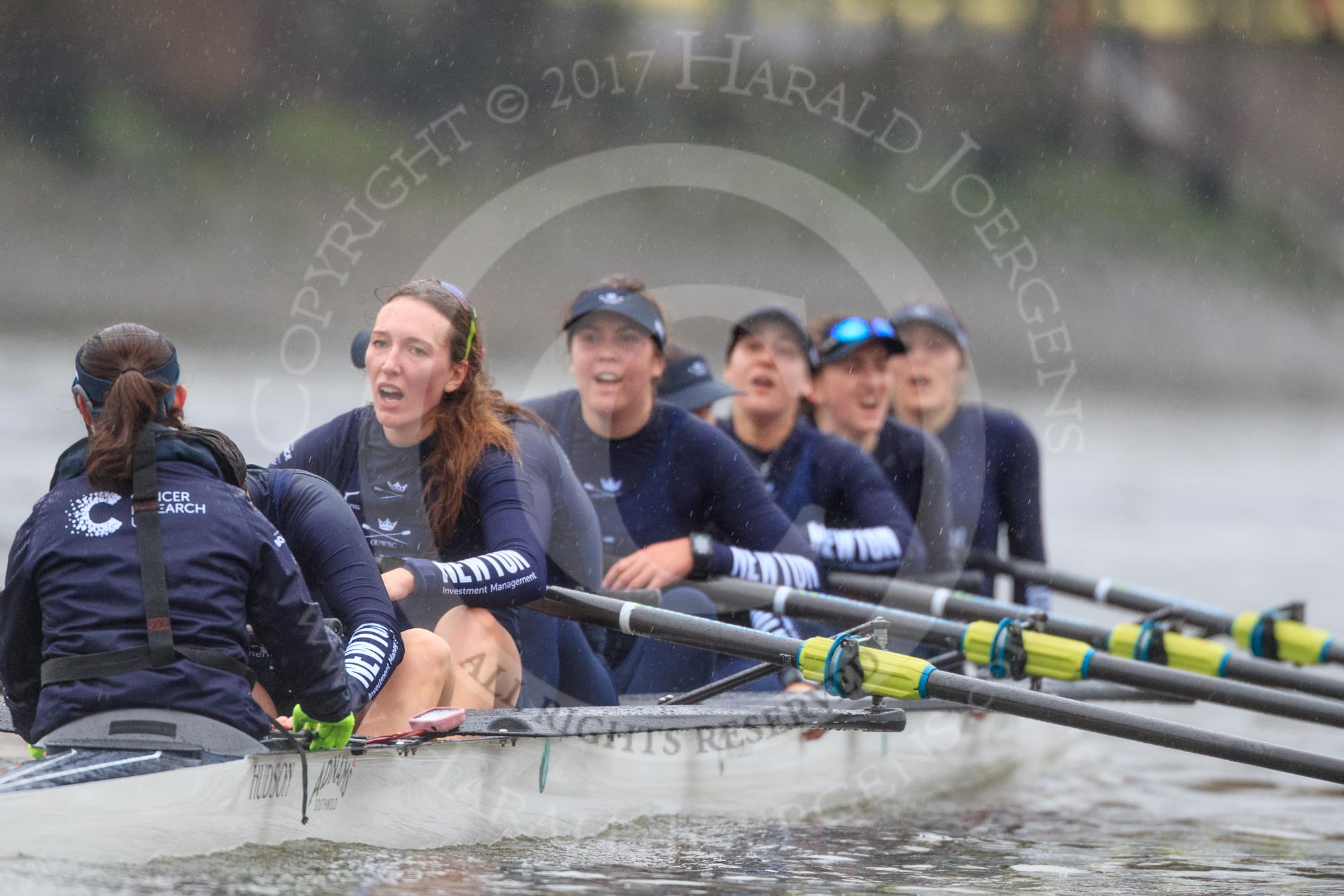 The Boat Race season 2018 - Women's Boat Race Trial Eights (OUWBC, Oxford): "Great Typhoon" after the race, here cox Jessica Buck, stroke Alice Roberts,  7 Abigail Killen, 6 Sara Kushma, 5 Olivia Pryer, 4 Linda Van Bijsterveldt, 3 Madeline Goss, 2 Laura Depner, bow Matilda Edwards.
River Thames between Putney Bridge and Mortlake,
London SW15,

United Kingdom,
on 21 January 2018 at 14:47, image #179