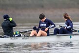 The Boat Race season 2018 - Women's Boat Race Trial Eights (OUWBC, Oxford): The "Great Typhoon" crew getting ready for the race in the rain - cox Jessica Buck, stroke Alice Roberts,  7 Abigail Killen.
River Thames between Putney Bridge and Mortlake,
London SW15,

United Kingdom,
on 21 January 2018 at 14:20, image #26
