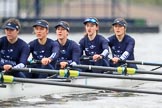 The Boat Race season 2018 - Women's Boat Race Trial Eights (OUWBC, Oxford): "Great Typhoon" passing the boat houses on Putney Embankment - 5 Olivia Pryer, 4 Linda Van Bijsterveldt, 3 Madeline Goss, 2 Laura Depner, bow Matilda Edwards.
River Thames between Putney Bridge and Mortlake,
London SW15,

United Kingdom,
on 21 January 2018 at 14:29, image #70