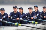 The Boat Race season 2018 - Women's Boat Race Trial Eights (OUWBC, Oxford): "Great Typhoon" passing Hammersmith Bridge - 6 Sara Kushma, 5 Olivia Pryer, 4 Linda Van Bijsterveldt, 3 Madeline Goss, 2 Laura Depner, bow Matilda Edwards.
River Thames between Putney Bridge and Mortlake,
London SW15,

United Kingdom,
on 21 January 2018 at 14:35, image #108