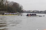 The Boat Race season 2018 - Women's Boat Race Trial Eights (OUWBC, Oxford): "Great Typhoon" and "Coursing River" close together behind Hammersmith Bridge.
River Thames between Putney Bridge and Mortlake,
London SW15,

United Kingdom,
on 21 January 2018 at 14:36, image #111