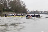 The Boat Race season 2018 - Women's Boat Race Trial Eights (OUWBC, Oxford): "Great Typhoon" and "Coursing River" close together behind Hammersmith Bridge - close enough for the oars to come together.
River Thames between Putney Bridge and Mortlake,
London SW15,

United Kingdom,
on 21 January 2018 at 14:36, image #112