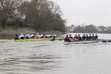 The Boat Race season 2018 - Women's Boat Race Trial Eights (OUWBC, Oxford): "Great Typhoon" and "Coursing River" close together behind Hammersmith Bridge - close enough for the oars to come together.
River Thames between Putney Bridge and Mortlake,
London SW15,

United Kingdom,
on 21 January 2018 at 14:36, image #113