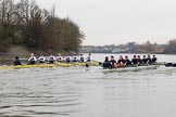 The Boat Race season 2018 - Women's Boat Race Trial Eights (OUWBC, Oxford): "Great Typhoon" and "Coursing River" close together behind Hammersmith Bridge - close enough for the oars to come together.
River Thames between Putney Bridge and Mortlake,
London SW15,

United Kingdom,
on 21 January 2018 at 14:36, image #114
