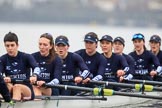 The Boat Race season 2018 - Women's Boat Race Trial Eights (OUWBC, Oxford): "Great Typhoon" - stroke Alice Roberts,  7 Abigail Killen, 6 Sara Kushma, 5 Olivia Pryer, 4 Linda Van Bijsterveldt, 3 Madeline Goss, 2 Laura Depner, bow Matilda Edwards.
River Thames between Putney Bridge and Mortlake,
London SW15,

United Kingdom,
on 21 January 2018 at 14:37, image #120