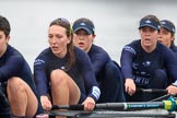 The Boat Race season 2018 - Women's Boat Race Trial Eights (OUWBC, Oxford): "Great Typhoon"  approaching Chiswick Pier - here 7 Abigail Killen, 6 Sara Kushma, 5 Olivia Pryer, 4 Linda Van Bijsterveldt.
River Thames between Putney Bridge and Mortlake,
London SW15,

United Kingdom,
on 21 January 2018 at 14:39, image #135