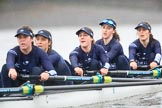 The Boat Race season 2018 - Women's Boat Race Trial Eights (OUWBC, Oxford): "Great Typhoon" - 5 Olivia Pryer, 4 Linda Van Bijsterveldt, 3 Madeline Goss, 2 Laura Depner, bow Matilda Edwards.
River Thames between Putney Bridge and Mortlake,
London SW15,

United Kingdom,
on 21 January 2018 at 14:42, image #149