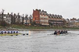 The Boat Race season 2018 - Women's Boat Race Trial Eights (OUWBC, Oxford): "Great Typhoon" and "Coursing River" at the "White Hart" pub, just behind Barnes Railway Bridge.
River Thames between Putney Bridge and Mortlake,
London SW15,

United Kingdom,
on 21 January 2018 at 14:44, image #157