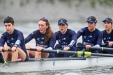 The Boat Race season 2018 - Women's Boat Race Trial Eights (OUWBC, Oxford): "Great Typhoon"  on the last part of the race, here stroke Beth Bridgman, 7 Juliette Perry, 6 Katherine Erickson, 5 Morgan McGovern, 4 Anna Murgatroyd.
River Thames between Putney Bridge and Mortlake,
London SW15,

United Kingdom,
on 21 January 2018 at 14:44, image #159