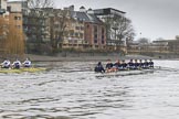 The Boat Race season 2018 - Women's Boat Race Trial Eights (OUWBC, Oxford): "Great Typhoon" and "Coursing River" a few hundred yards away from the finish line.
River Thames between Putney Bridge and Mortlake,
London SW15,

United Kingdom,
on 21 January 2018 at 14:45, image #162