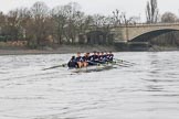 The Boat Race season 2018 - Women's Boat Race Trial Eights (OUWBC, Oxford): "Great Typhoon" about to cross the finish line, here cox Jessica Buck, stroke Alice Roberts,  7 Abigail Killen, 6 Sara Kushma, 5 Olivia Pryer, 4 Linda Van Bijsterveldt, 3 Madeline Goss, 2 Laura Depner, bow Matilda Edwards.
River Thames between Putney Bridge and Mortlake,
London SW15,

United Kingdom,
on 21 January 2018 at 14:46, image #170