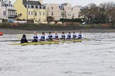 The Boat Race season 2018 - Women's Boat Race Trial Eights (OUWBC, Oxford): "Coursing River" about to cross the finish line, here cox Ellie Shearer, stroke Beth Bridgman, 7 Juliette Perry, 6 Katherine Erickson, 5 Morgan McGovern, 4 Anna Murgatroyd, 3 Stefanie Zekoll, 2 Rachel Anderson, bow Sarah Payne-Riches.
River Thames between Putney Bridge and Mortlake,
London SW15,

United Kingdom,
on 21 January 2018 at 14:46, image #171