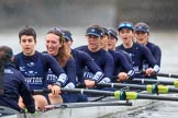 The Boat Race season 2018 - Women's Boat Race Trial Eights (OUWBC, Oxford): "Great Typhoon" about to cross the finish line, here cox Jessica Buck, stroke Alice Roberts,  7 Abigail Killen, 6 Sara Kushma, 5 Olivia Pryer, 4 Linda Van Bijsterveldt, 3 Madeline Goss.
River Thames between Putney Bridge and Mortlake,
London SW15,

United Kingdom,
on 21 January 2018 at 14:46, image #172