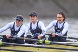 The Boat Race season 2018 - Women's Boat Race Trial Eights (OUWBC, Oxford): "Coursing River" about to cross the finish line, here 3 Stefanie Zekoll, 2 Rachel Anderson, bow Sarah Payne-Riches.
River Thames between Putney Bridge and Mortlake,
London SW15,

United Kingdom,
on 21 January 2018 at 14:46, image #173