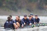 The Boat Race season 2018 - Women's Boat Race Trial Eights (OUWBC, Oxford): "Great Typhoon" about to cross the finish line, here cox Jessica Buck, stroke Alice Roberts,  7 Abigail Killen, 6 Sara Kushma, 5 Olivia Pryer, 4 Linda Van Bijsterveldt, 3 Madeline Goss.
River Thames between Putney Bridge and Mortlake,
London SW15,

United Kingdom,
on 21 January 2018 at 14:47, image #174