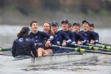 The Boat Race season 2018 - Women's Boat Race Trial Eights (OUWBC, Oxford): "Great Typhoon" after the race, here cox Jessica Buck, stroke Alice Roberts,  7 Abigail Killen, 6 Sara Kushma, 5 Olivia Pryer, 4 Linda Van Bijsterveldt, 3 Madeline Goss, 2 Laura Depner, bow Matilda Edwards.
River Thames between Putney Bridge and Mortlake,
London SW15,

United Kingdom,
on 21 January 2018 at 14:47, image #175
