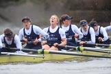The Boat Race season 2018 - Women's Boat Race Trial Eights (OUWBC, Oxford): "Coursing River" after the race, here 7 Juliette Perry, 6 Katherine Erickson, 5 Morgan McGovern, 4 Anna Murgatroyd, 3 Stefanie Zekoll, 2 Rachel Anderson.
River Thames between Putney Bridge and Mortlake,
London SW15,

United Kingdom,
on 21 January 2018 at 14:47, image #177