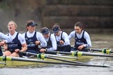 The Boat Race season 2018 - Women's Boat Race Trial Eights (OUWBC, Oxford): "Coursing River" after the race, here 5 Morgan McGovern, 4 Anna Murgatroyd, 3 Stefanie Zekoll, 2 Rachel Anderson, bow Sarah Payne-Riches.
River Thames between Putney Bridge and Mortlake,
London SW15,

United Kingdom,
on 21 January 2018 at 14:47, image #176