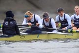 The Boat Race season 2018 - Women's Boat Race Trial Eights (OUWBC, Oxford): "Coursing River" after the race, here cox Ellie Shearer, stroke Beth Bridgman, 7 Juliette Perry, 6 Katherine Erickson, 5 Morgan McGovern, 4 Anna Murgatroyd, 3 Stefanie Zekoll, 2 Rachel Anderson, bow Sarah Payne-Riches.
River Thames between Putney Bridge and Mortlake,
London SW15,

United Kingdom,
on 21 January 2018 at 14:47, image #178