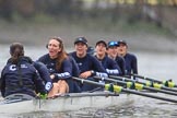 The Boat Race season 2018 - Women's Boat Race Trial Eights (OUWBC, Oxford): "Great Typhoon" after the race, here cox Jessica Buck, stroke Alice Roberts,  7 Abigail Killen, 6 Sara Kushma, 5 Olivia Pryer, 4 Linda Van Bijsterveldt, 3 Madeline Goss, 2 Laura Depner, bow Matilda Edwards.
River Thames between Putney Bridge and Mortlake,
London SW15,

United Kingdom,
on 21 January 2018 at 14:47, image #179