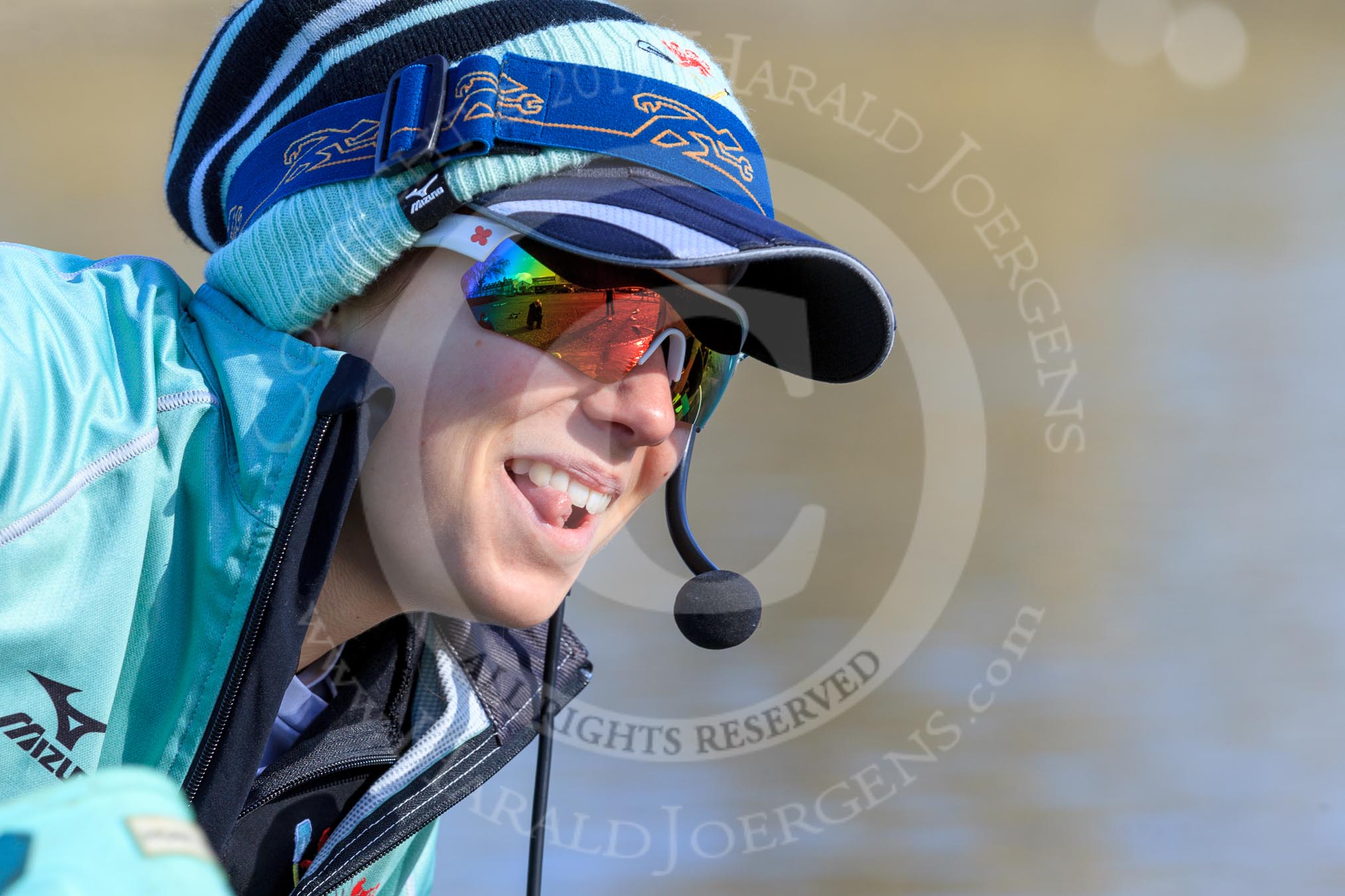 The Women's Boat Race season 2018 - fixture CUWBC vs. ULBC: Close-up of Cambridge cox Sophie Shapter.
River Thames between Putney Bridge and Mortlake,
London SW15,

United Kingdom,
on 17 February 2018 at 12:30, image #7