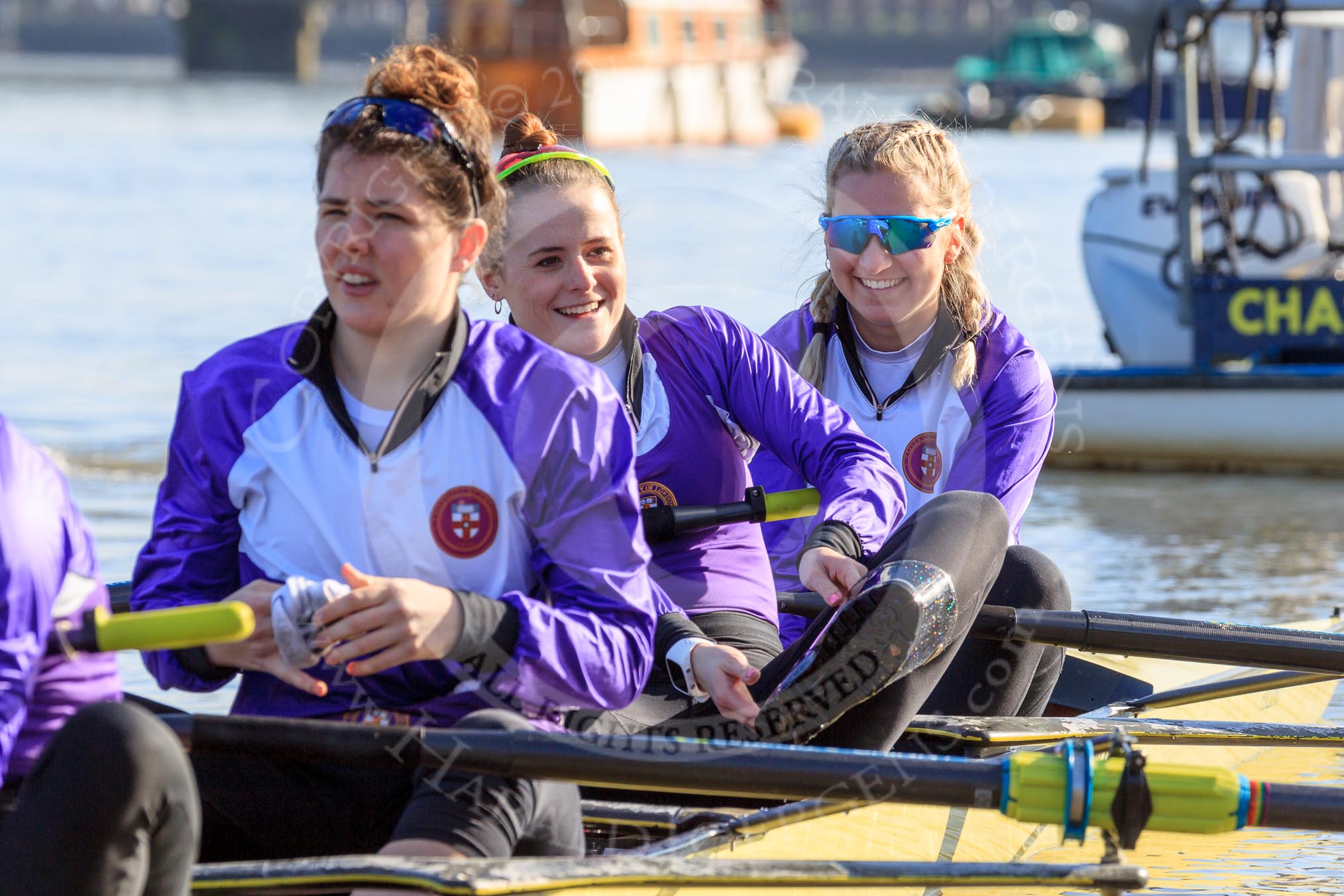 The Women's Boat Race season 2018 - fixture CUWBC vs. ULBC: ULBC getting ready - 3 Fionnuala Gannon, 2 Robyn Hart-Winks, bow Ally French.
River Thames between Putney Bridge and Mortlake,
London SW15,

United Kingdom,
on 17 February 2018 at 12:33, image #14