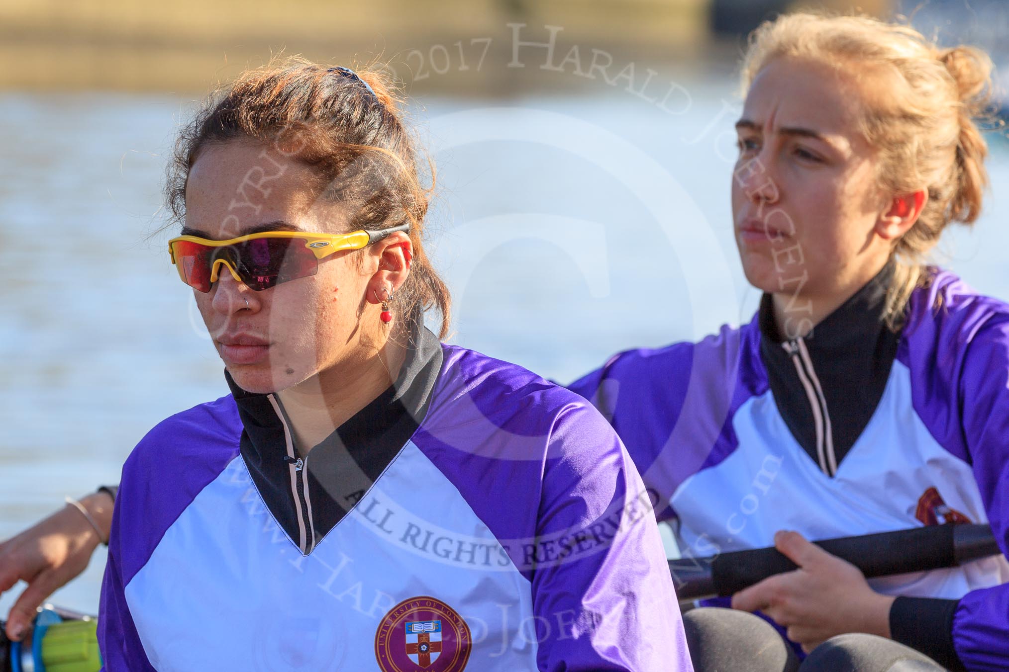 The Women's Boat Race season 2018 - fixture CUWBC vs. ULBC: The ULBC Eight, here 7 Jordan Cole-Huissan, 6 Oonagh Cousins.
River Thames between Putney Bridge and Mortlake,
London SW15,

United Kingdom,
on 17 February 2018 at 12:33, image #16