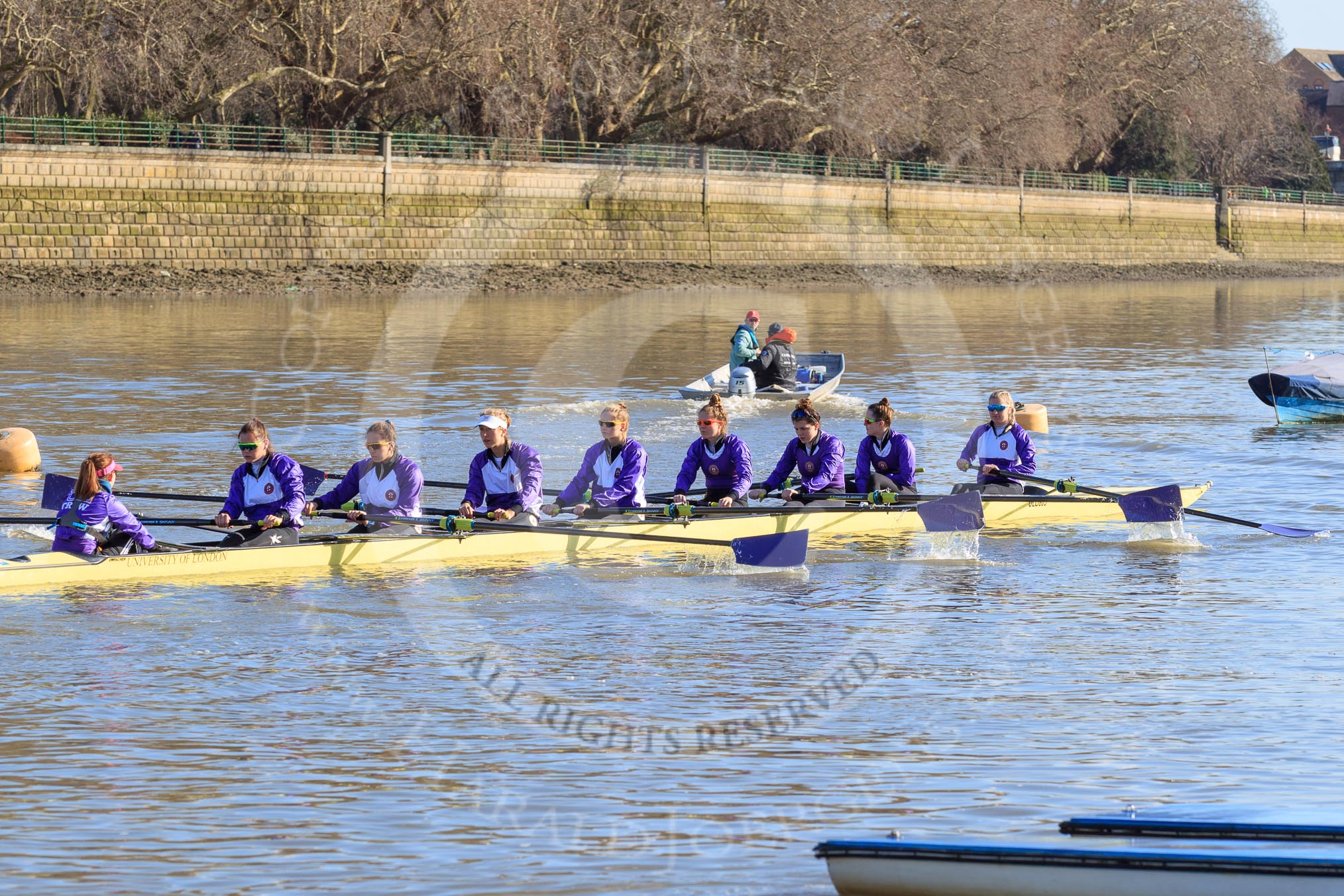 The Women's Boat Race season 2018 - fixture CUWBC vs. ULBC: ULBC on the way to Putney Bridge, before the race - cox Lauren Holland, stroke Issy Powel, 7 Jordan Cole-Huissan, 6 Oonagh Cousins, 5 Hannah Roberts, 4 Katherine Barnhill, 3 Fionnuala Gannon, 2 Robyn Hart-Winks, bow Ally French.
River Thames between Putney Bridge and Mortlake,
London SW15,

United Kingdom,
on 17 February 2018 at 12:35, image #22
