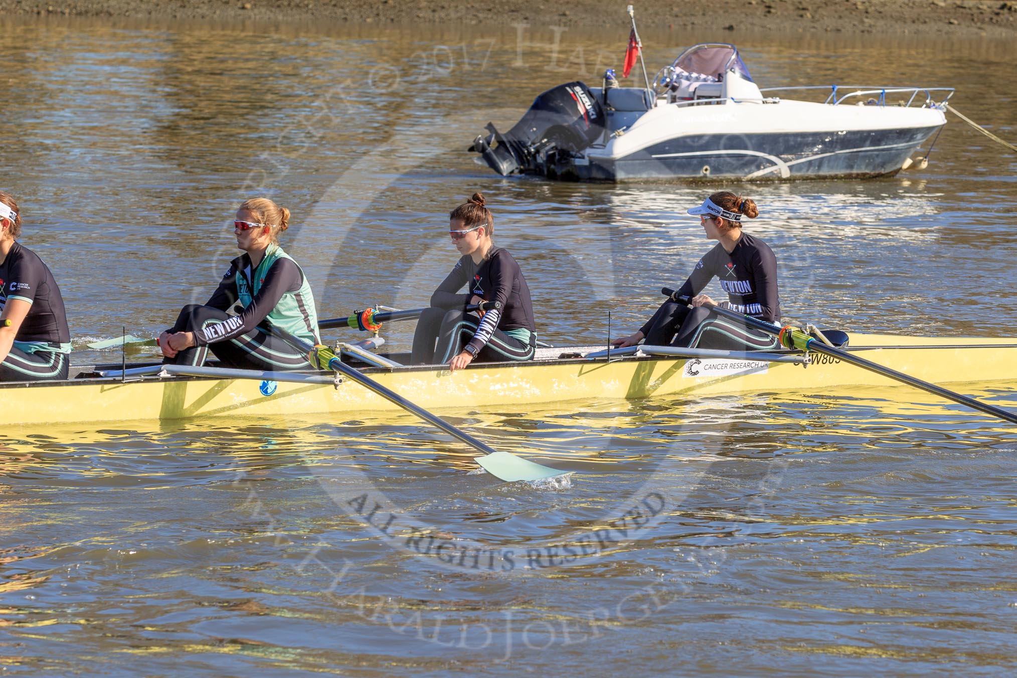 The Women's Boat Race season 2018 - fixture CUWBC vs. ULBC: CUWBC on the way to Putney Bridge, before the race - 3 Alice White, 2 Myriam Goudet-Boukhatmi, bow Olivia Coffey.
River Thames between Putney Bridge and Mortlake,
London SW15,

United Kingdom,
on 17 February 2018 at 12:35, image #23