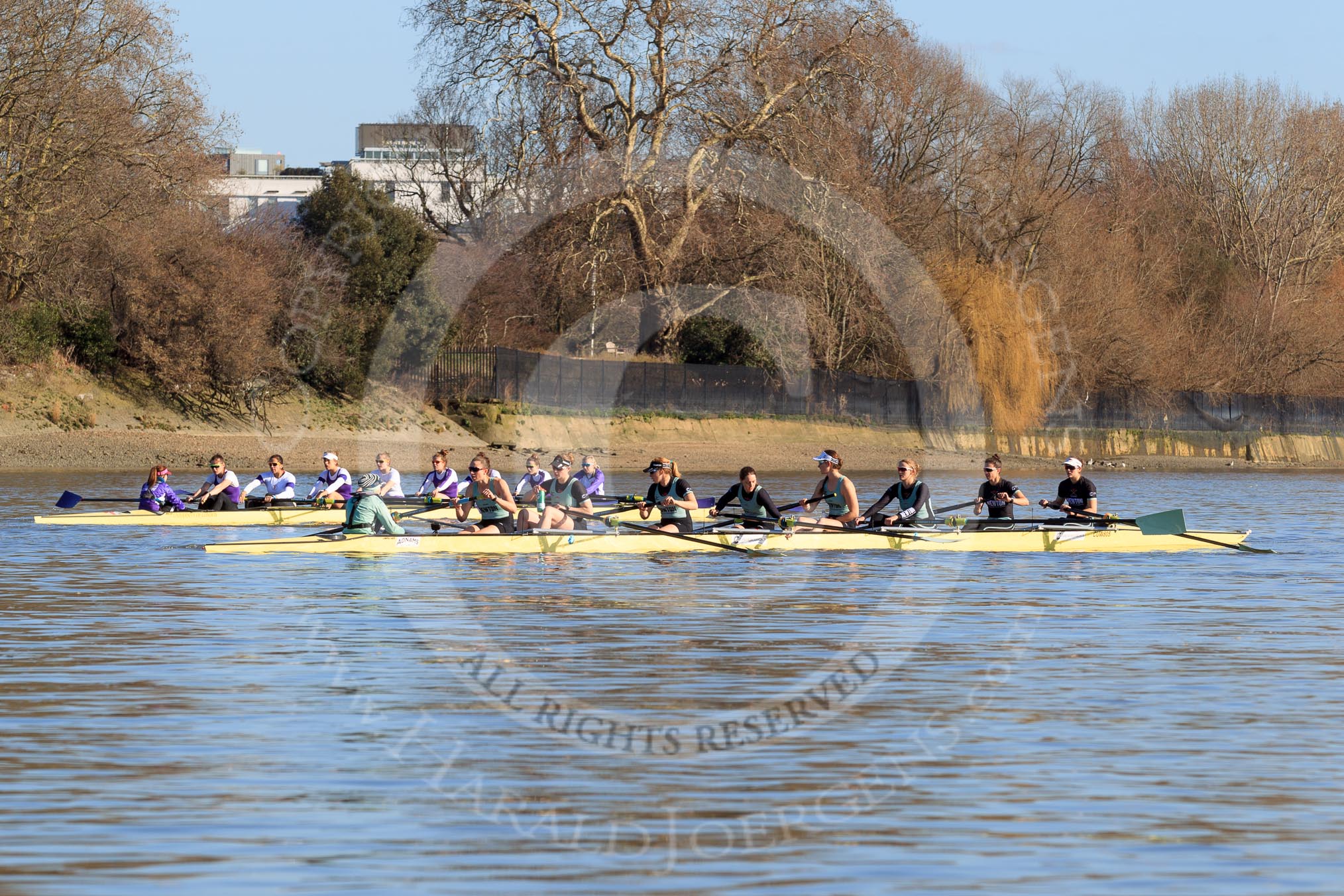 The Women's Boat Race season 2018 - fixture CUWBC vs. ULBC: The ULBC and CUWBC boats together before the start of the race.
River Thames between Putney Bridge and Mortlake,
London SW15,

United Kingdom,
on 17 February 2018 at 13:01, image #28