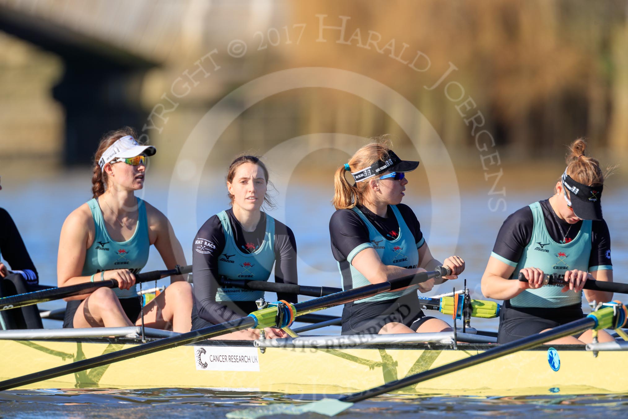 The Women's Boat Race season 2018 - fixture CUWBC vs. ULBC: CUWBC getting ready for the race - 4 Paula Wesselmann, 5 Thea Zabell, 6 Anne Beenken, 7 Imogen Grant.
River Thames between Putney Bridge and Mortlake,
London SW15,

United Kingdom,
on 17 February 2018 at 13:06, image #32